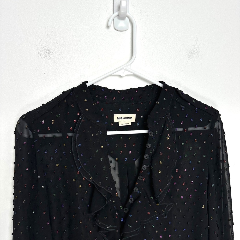Zadig & Voltaire Twin Mousseline Swiss Dot Ruffle Blouse Black WJCP3514F Small - Picture 6 of 12